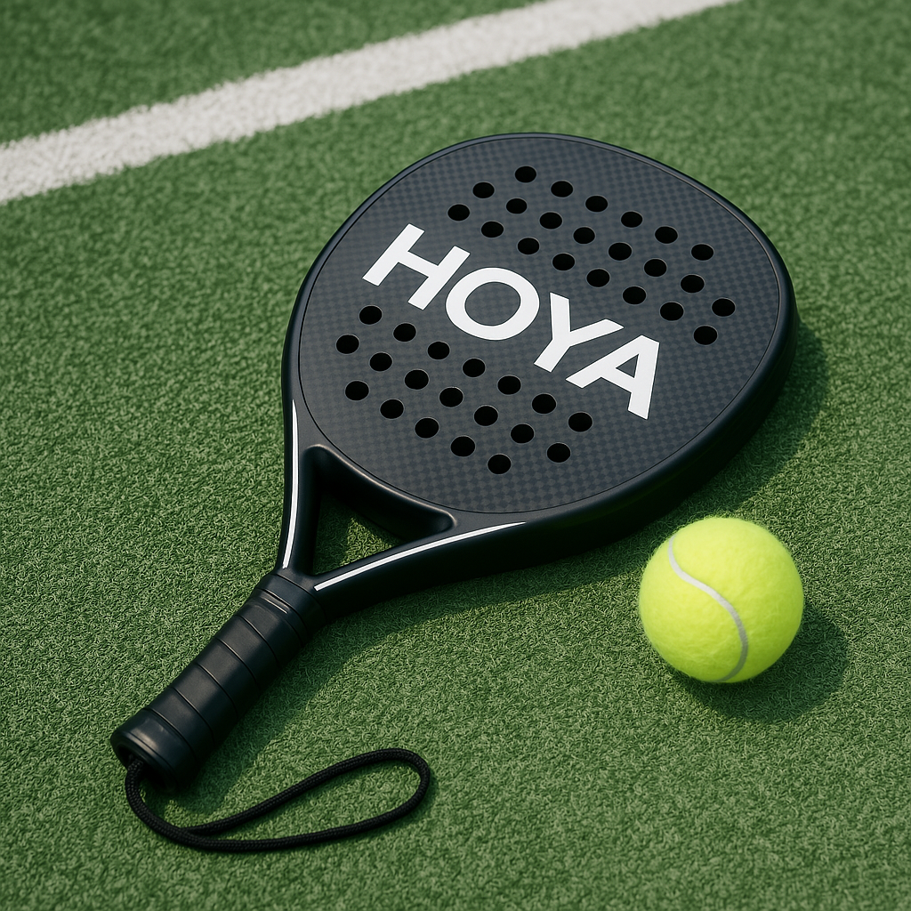 Een afbeelding van een padelracket met een HOYA-logo erop. Het racket ligt op een padelveld met kuns
