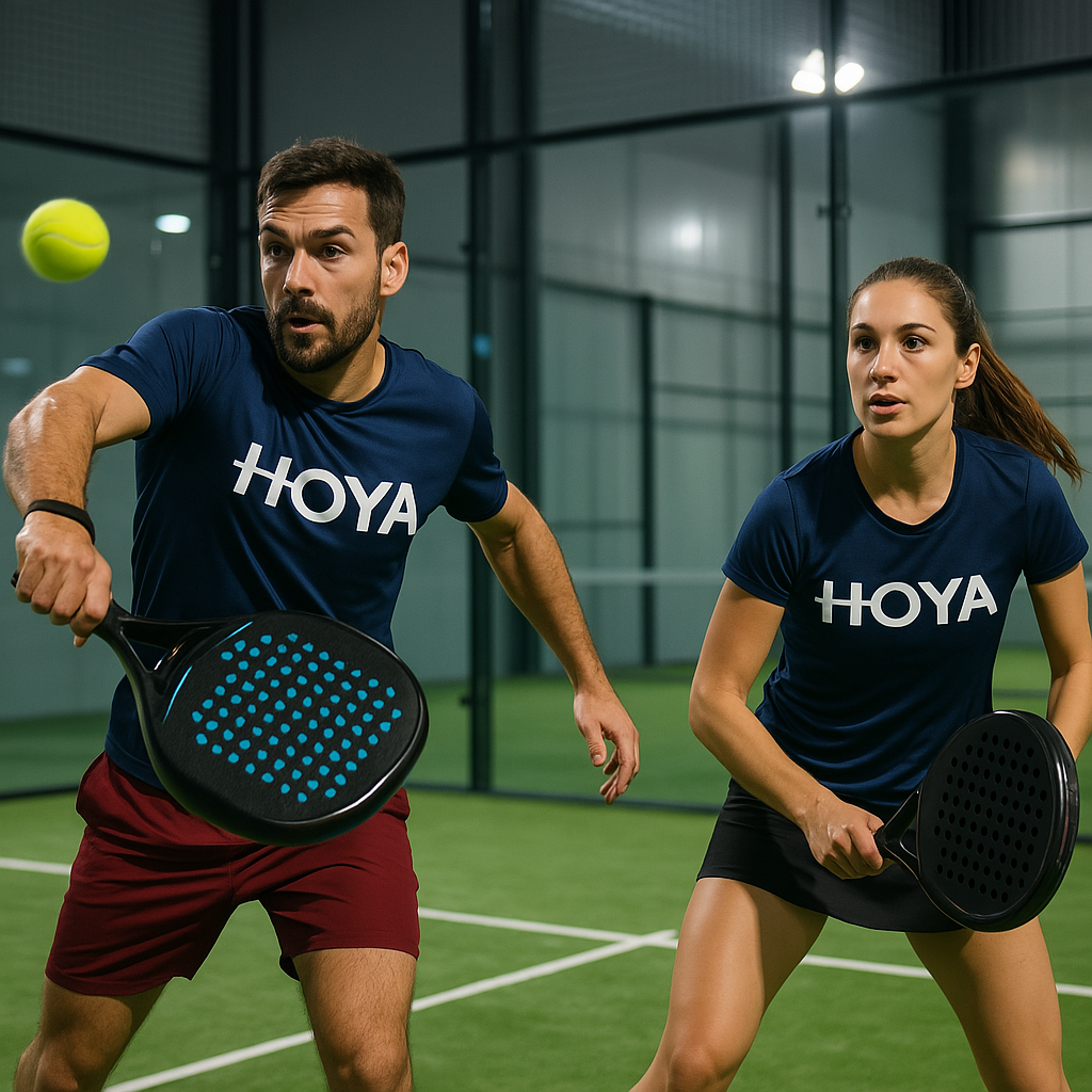 Two indoor padel players, one man and one woman, playing on a modern indoor padel court. Both are we